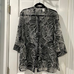 Black and white floral, sheer blouse